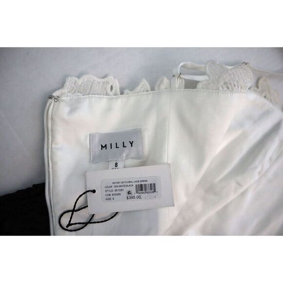 Milly Women's Sz 6 White/Black 3D Floral Lace Spaghetti-Strap Sheath Dress - Picture 3 of 13